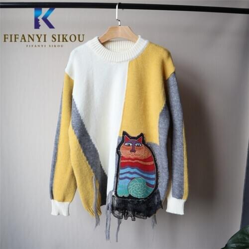 Knitted Sweater Women Patchwork Fashion Embroidery Long Sleeve Warm Pullover Women Autumn Winter Sweaters Loose Jumpers Tops