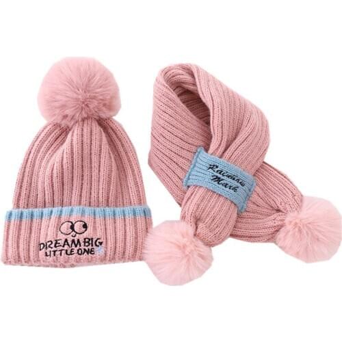 2020 Winter Baby Girls Hat Scarf Set Boys Wool Knitted Solid Color Pom-Pom Hat Collar Thick Baby Caps Boys Hats Neck Scarf