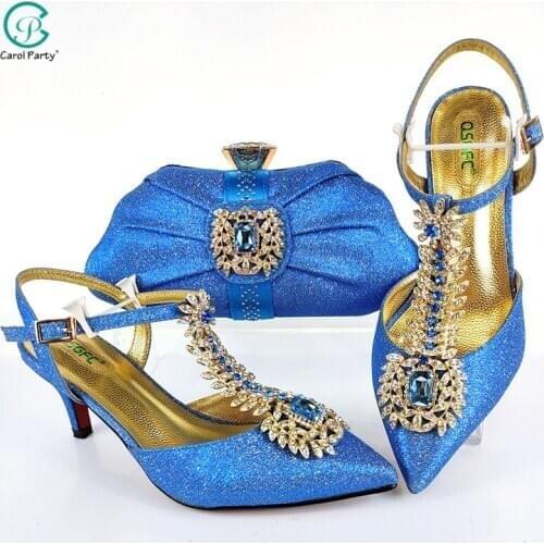 2021 Lastest Italian design Unique Style Noble Luxury Sky Blue Color Ladies Shoes and Bag Set Decorated With Crystal for Party
