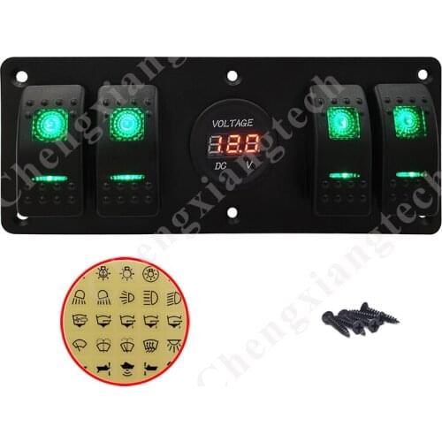 4 Gang Rocker Switch Panel With Red Led Voltmeter Socket, 12V 24V 5Pin On Off SPST Green Led Toggle Switch Aluminum Panel