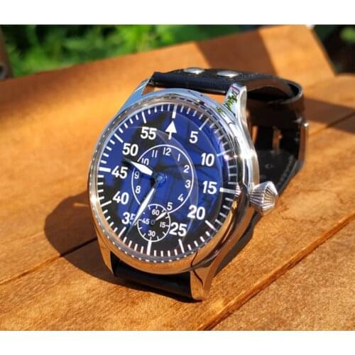 44mm No logo Black dial with Blue glass Asian 6498 Mechanical movement mens watch luminous Mechanical watches GR59-20