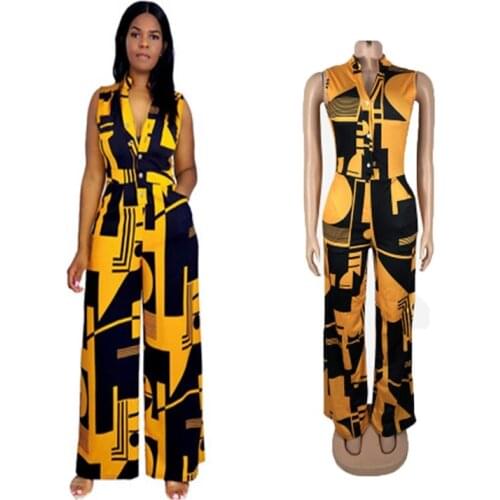 African Clothes for Women 2021 Summer African Women V-neck Sleeveless Printing Long Jumpsuit Women Clothing