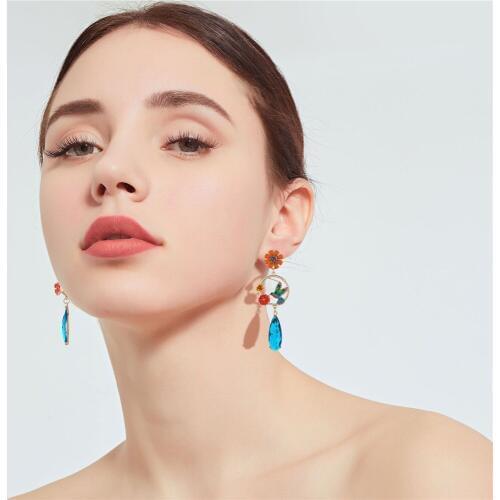 CRLEY New arrival Enamel Flower Earrings For Women Cute Birds Statement Big Earrings Crystal Dangle Jewelry Wholesale Price