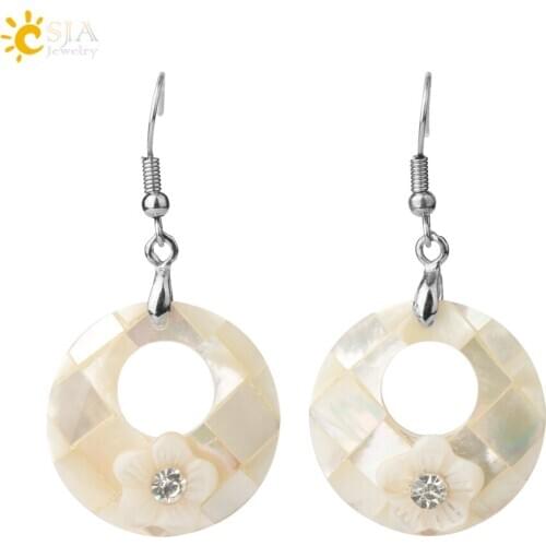 CSJA Fashion Hollow Round Women Dangle Earrings Natural Donut Mother of Pearl Shell MOP Flower Crystal CZ Jewelry Earrings E841