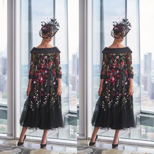 Elegant Mother Of The Bride Dresses Bateau Neck A Line Lace Appliques Wedding Guest Gowns 3/4 Long Sleeves Formal Evening Dress