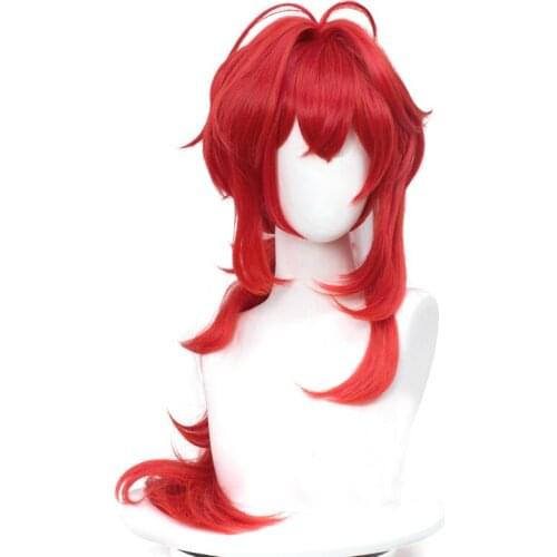 Genshin Impact Diluc Cosplay 60cm Long Red Wig Cosplay Wigs Heat Resistant Synthetic Wig Halloween+ Free Wig Cap