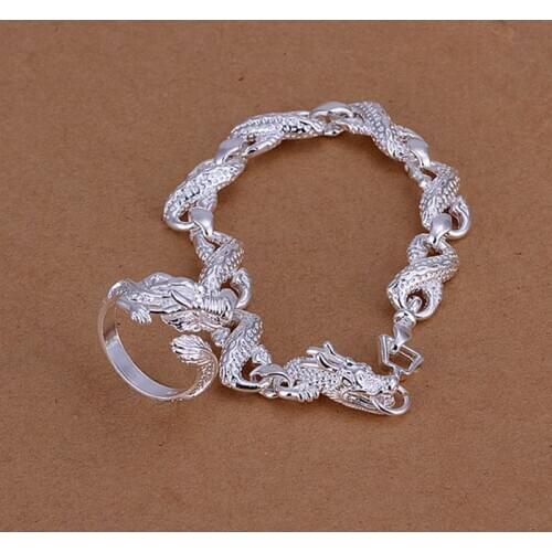Hot selling 925 jewelry silver plated jewelry set fashion jewelry set White Dragon Bracelet&Ring Jewelry Set SMTS094