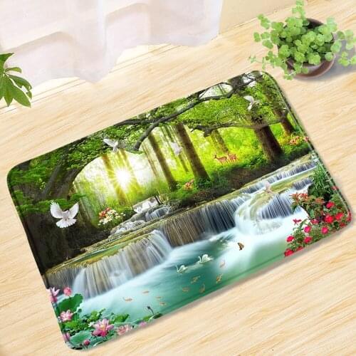Chinese Style Forest Waterfall Scenery Bath Mat Non-Slip Bathroom Rug Carpet Doormats And Toilet 3-Piece Set Bath Decor Product