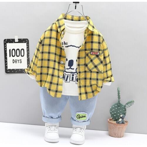 Spring Autumn Kid Boy Shirt Clothing Outwear Suit Set Plaid Jacket + T-Shirt + Pants 3PCS Baby Children Cotton 1 2 3 4 Years