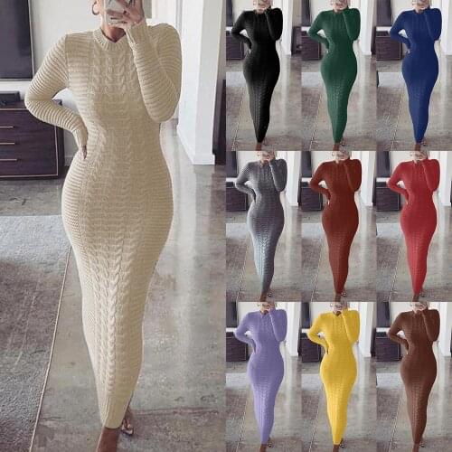 Hot Sale Women Autumn Winter Sweater Dress Extra Long Solid Sweater Dress Knit Long Sleeve Womens Slim Long Dresses Bodycon
