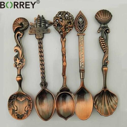 BORREY 5Pcs/Set Metal Coffee Spoon Vintage Bronze Coffee Tea Spoon Tea Scoop Alloy Spoon Gold Silver Scoop Coffee Accessories