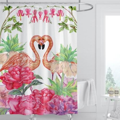 Cute Pink Flamingo Series Design Waterproof and Mildewproof with Hook Washable Animal Shower Curtain Home Bathroom Decoration