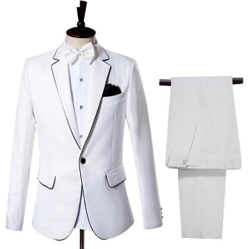 Mens Suits Slim Fit White Causal Suit Jacket Pants Men Tuxedo For Man Wedding Groom Party Prom Stage Show Costume Male