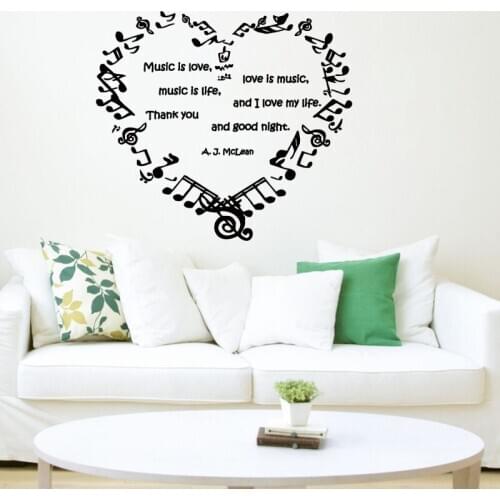 Music Is Love Heart In Musical Notes Wall Sticker Home Decor Art Murals Kids Children Room Decoration Nursery Wall Decals