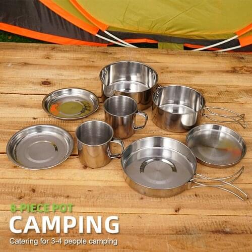 8pcs Camping Pot Set Stainless Steel Tableware Pots Cooking Cookware Pan Plate Cup for Hiking Backpacking Picnic BBQ Cookset