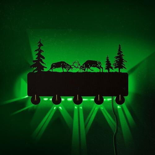 Wildlife Elk Fighting Wall Art Scene Decorative Wall Mounted Key Holder Bull Elk Fights Rustic Wall Hooks With LED Backlight