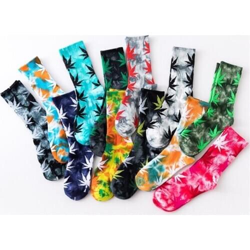 1Pair Fashion Happy Funny Men Socks Breathable Sport Maple Leaf Comfortable Tie-dyed Woman Weed Skateboard Long Hip Hop Socks