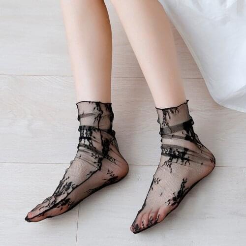 Summer Socks Woman Sexy Retro Lace Floral Elastic Fashion Ladies Transparent Socks Female Cute Long Mesh Thin Tulle Ankle Socks