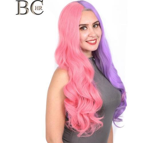BCHR Harajuku WIG Pink Purple 13*4 Lace Front Wig for Women Long Wavy Synthetic Wig Lace Cosplay Party Hair
