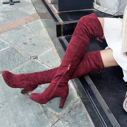 Knee high boots womens thin elastic boots winter thin heel wine red boots 2020 autumn pointed high heel boots
