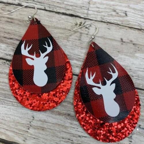 New Custom Teardrop 2019 Christmas Glitter Doubles Faux Leather Earrings Layered Fashion Deer Shaped Earrings Women Girl Gifts