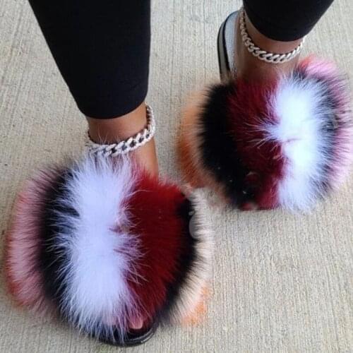 Fashion Women Plush Real Fur Slippers Slides Fur Sandals Wholesale Furry Flip Flops Custom Big Size Women Fluffy Fox Fur Slides