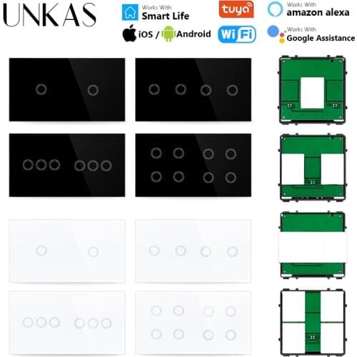 UNKAS DIY Free Combination 2 4 6 Gang Tuya Wifi EU Standard Touch On / Off Smart 1 2 3 Gang Switch Glass 157mm Panel Outlet