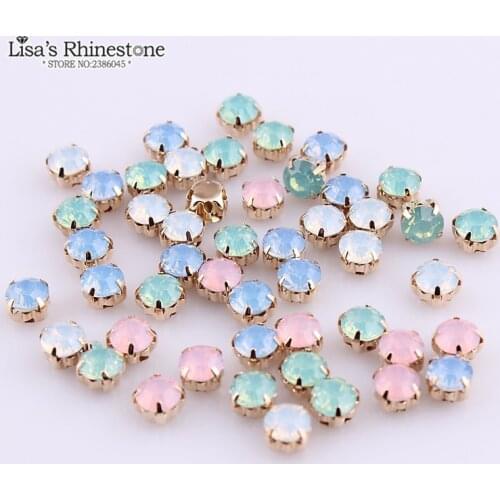Ss28 6mm Blue/Green/White/Pink Opal Sew On Rhinestone Crystal Gold Claw Strass Diamond Stones For DIY Decoration