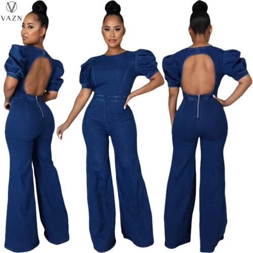 VAZN 2021 Autumn High-end Backless Denim Jumpsuits Young Sexy Club Short Sleeve Elegant Women High Waist Wide Leg Jumpsuits