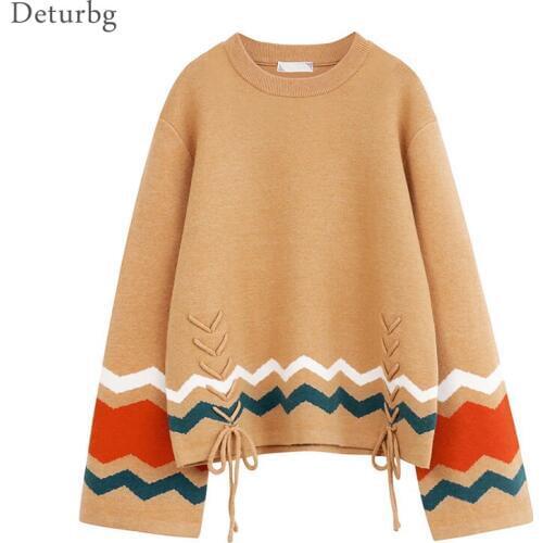 Women fashion korea wave striped sweater girls flare sleeve o neck lace up warm knitted school pullover 2018 autumn winter sw140