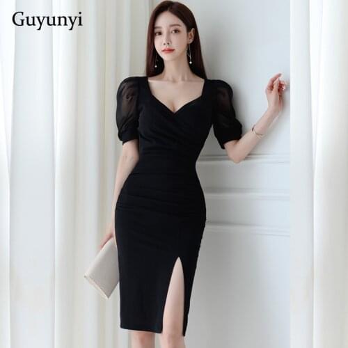 Black Elegant Office Lady Dress 2021 Summer Korean Version High Waist Tight Dress Sexy V-Neck Puff Sleeve Women Party Dress