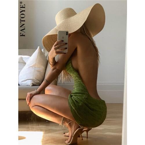 FANTOYE Women Sexy Halter Sleeveless Skinny Dress Beach Vacation Backless Mini Dresses Black Knitted Nightclub Sweater Vestidos