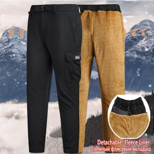 Winter Hiking Mens Cargo Pants Softshell Detachable Thick Fleece Liner Warm Trousers Multi Pocket Military Baggy Tactical Pants