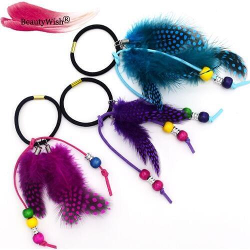 1pcs Handmade Leather Rope Color Random Feather Headbands Wood Beads Boho Hair Accessories for Women JewelrY