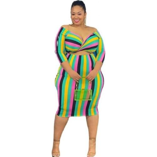 5XL Plus Size Color Striped Print Women Sexy Party Dress Hottest Deep V-neck Hollow Out Bodycon Knee Length Dresses 2021 Summer