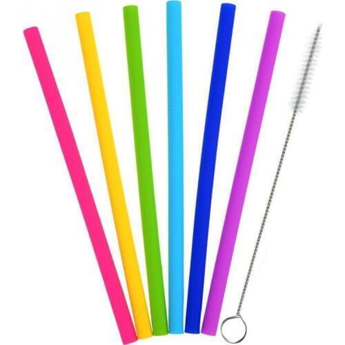 6Pcs Reusable Silicone Straws Food Grade Silicone Extra Long Flexible Straws Colorful Drinking with Cleaning Brush Party Straws