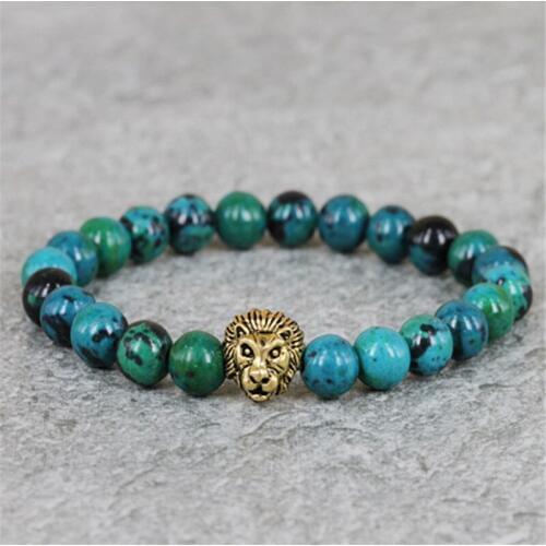 8mm Green Phoenix Stone Beads Bracelet, Antique and Gold Color Lion Head Bracelets, High Grade Mens Jewelry
