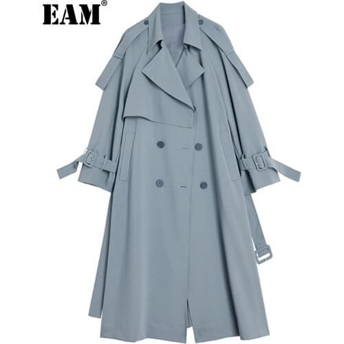 [EAM] Women Blue Big Size Long Casual Trench New Lapel Long Sleeve Loose Fit Windbreaker Fashion Tide Spring Autumn 2021 1DE2574