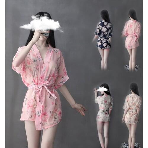 Exotic Lingerie Porno Printed Kimono Nightgown Nightclub Bedroom Pajamas Sexy Autumn Women Sex Erotic Coat Uniform Temptation