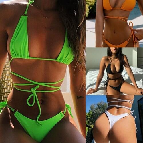 European and American Sexy Bikini Tie Up Solid Color Split Body Women Swimsuit 2021 New Swimwear Women Bikinis