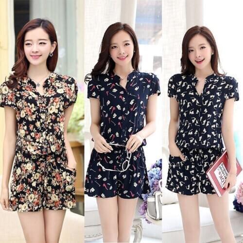 Printingshort-slee jumpsuit sets2019summer new Ms Korean version of the loose jumpsuit suit fema sweet casual shorts tide skirt