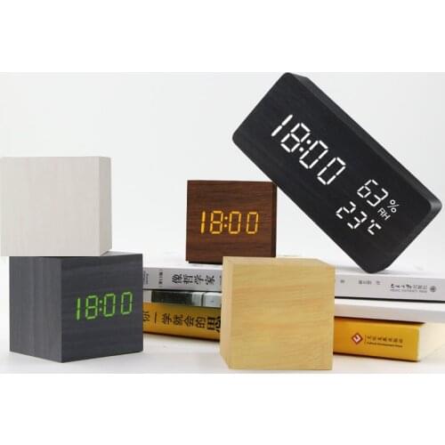 Creative electronic silent led multifunctional hygrometer wood alarm clock