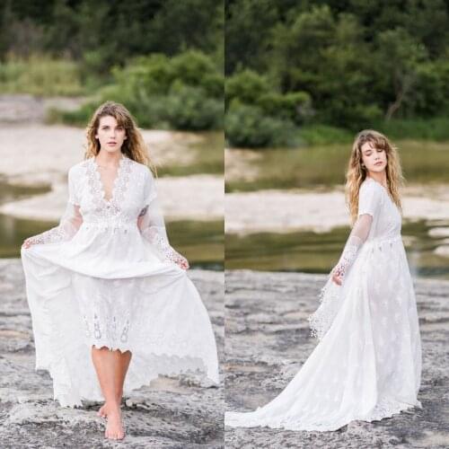 Summer Fashion Wedding Dresses V Neck Long Sleeves Applique Lace Bridal Gowns Custom Made Sweep Train A-Line Wedding Dress