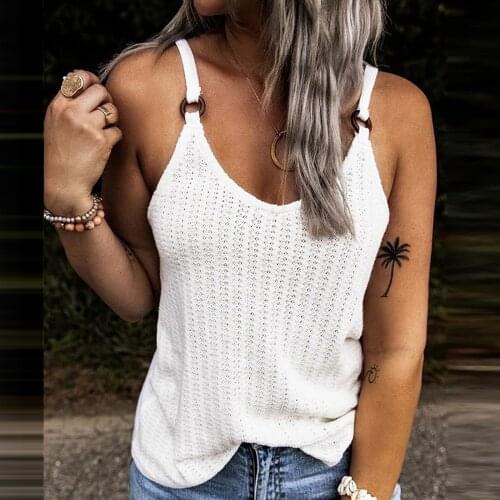 Summer Sling Women Tops Solid Color Sleeveless Hollow Out Sexy V-neck Casual Ladies Vest Knitted Pullover Female Camisole #YJ