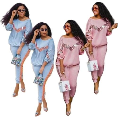 Fashion Fall Winter Clothes Sexy Two Piece Set Women Sequins Long Sleeve Crop Top+Pants Sets Casual Streetwear Wholesale Items