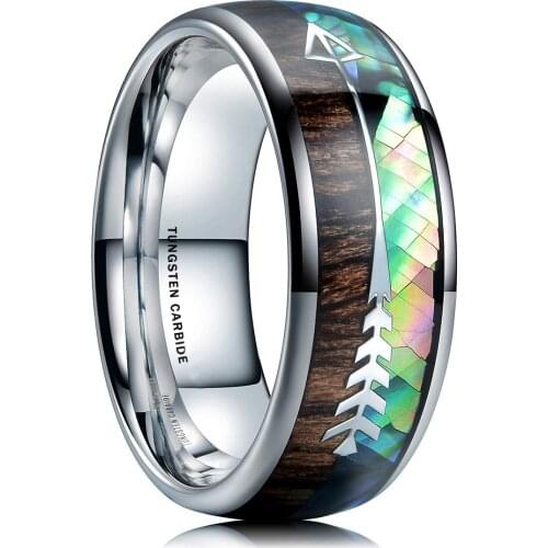 Fashion 8mm Men Tungsten Carbide Ring Natural Rainbow Abalone Shell & Koa Wood Inlay Deer Antler Arrow Ring Men Wedding Band