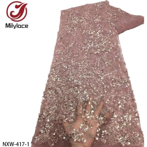 Latest Sequin Lace Fabric 2021 High Quality African Net Lace Mesh Fabric Hand Beaded Lace for Party Dress NXW-417