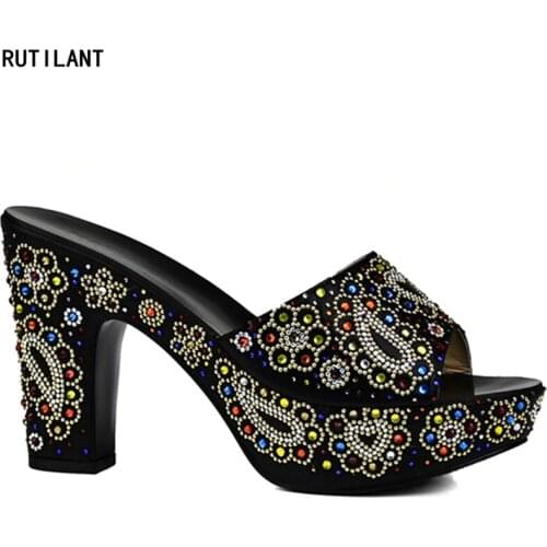 New Arrival Black Color Women Shoes Decorated With Rhinestone African Party shoes Slip on High Heels Ladies Shoes for Wedding