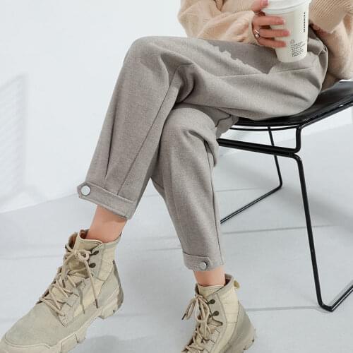 2021 Autumn Winter Women Slim High Waist Harem Pants Lady Woolen Casual Solid Warm Pant Female Thick Loose Long Trousers K499