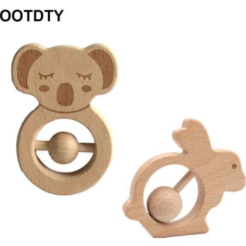 1-2Pcs Baby Toys Rattles for Newborns Bed Bell Wooden Ring Beech Animal Wood Teether Educational Toys